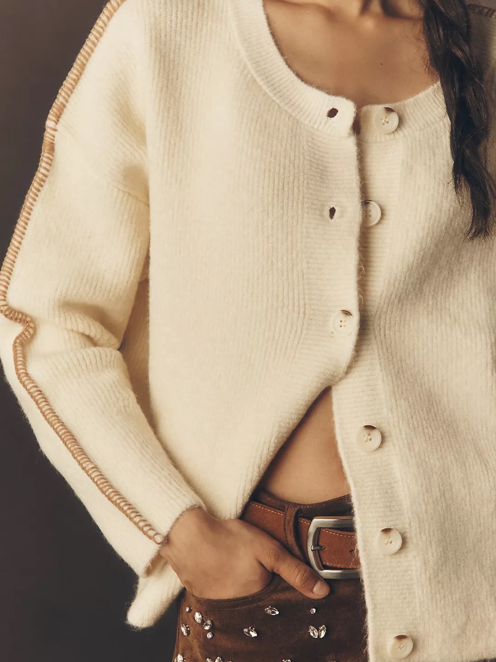 Anthropologie Pilcro Cream Knit Button-Front Whipstitch Cardigan Sweater Small - Picture 2 of 8